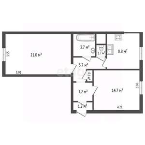 2-к квартира, вторичка, 58м2, 2/3 этаж